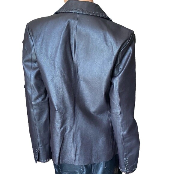 Newport News Leather Jacket Y2K Sz 8 Medium Tailored Vtg Retro Black Blazer - Picture 3 of 14